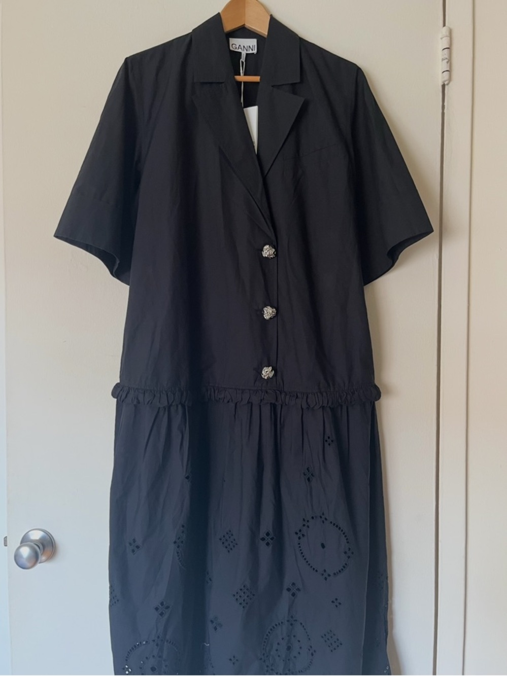Ganni Black Short-Sleeve Midi Dress with Eyelet Skirt